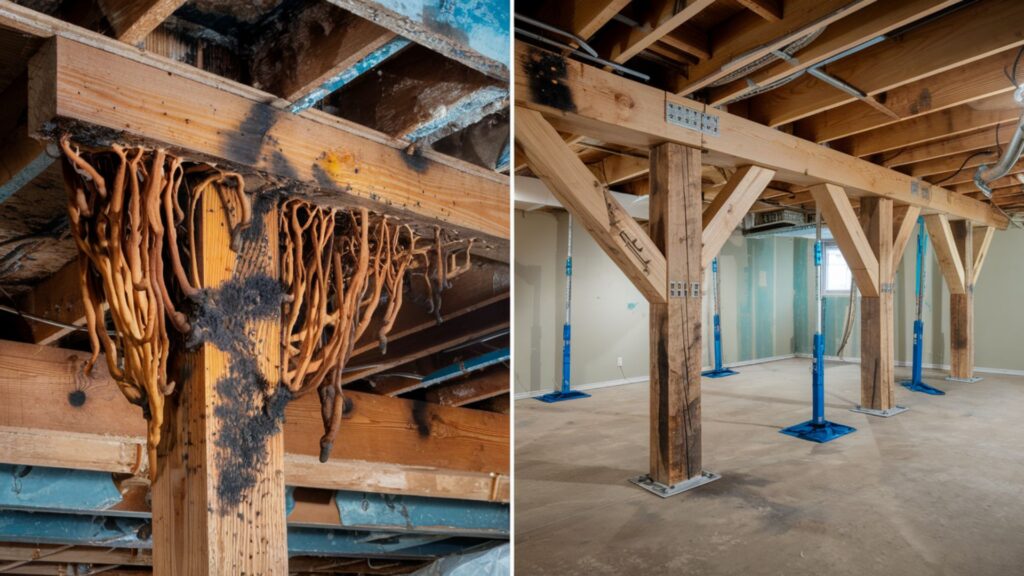 Comparison showing structural wooden beam before and after professional mold remediation.