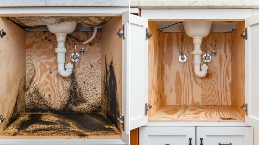 Bathroom vanity with extensive mold damage before and after complete remediation.