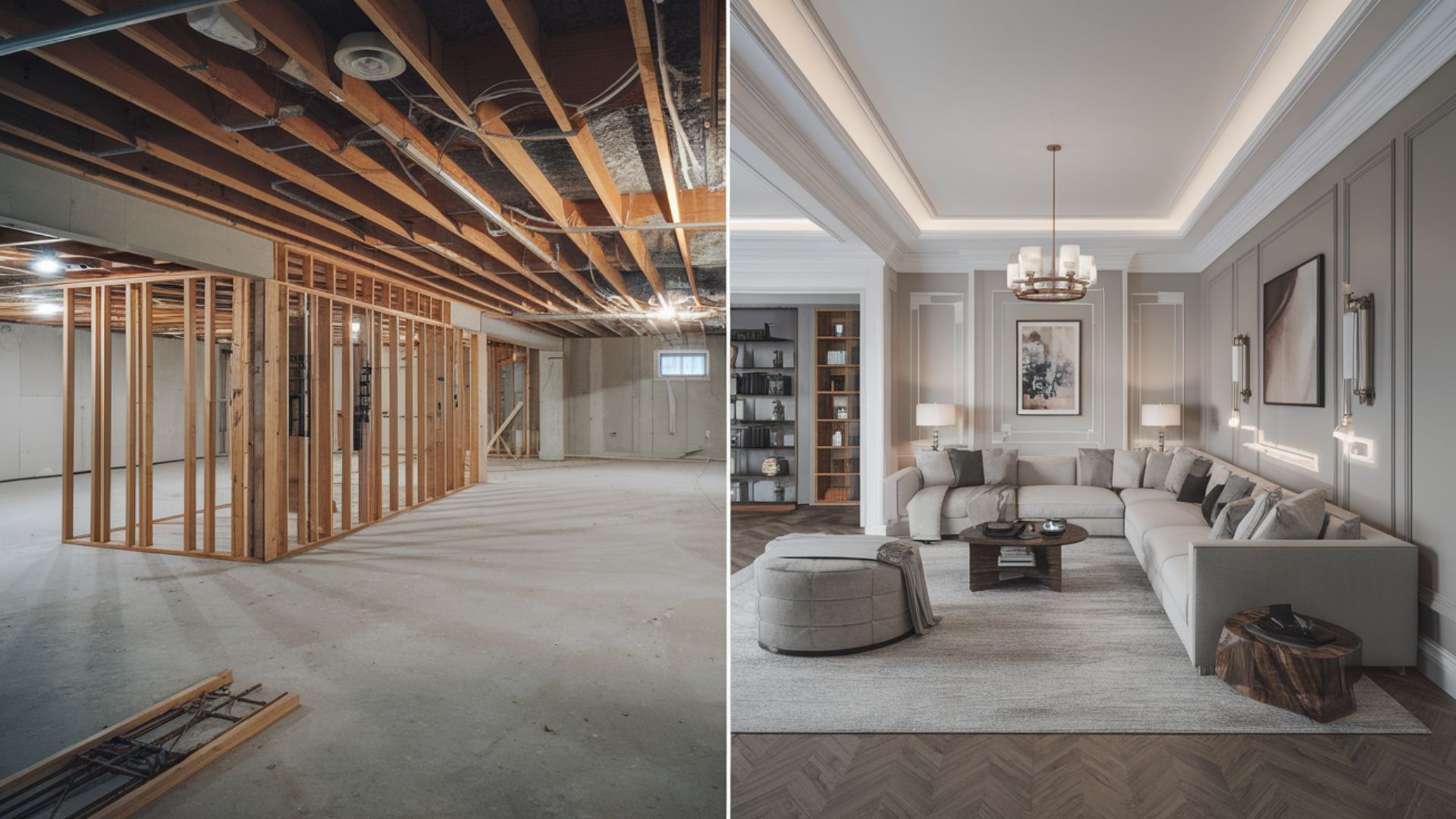 Before and after of comprehensive basement finishing from unfinished to luxury space
