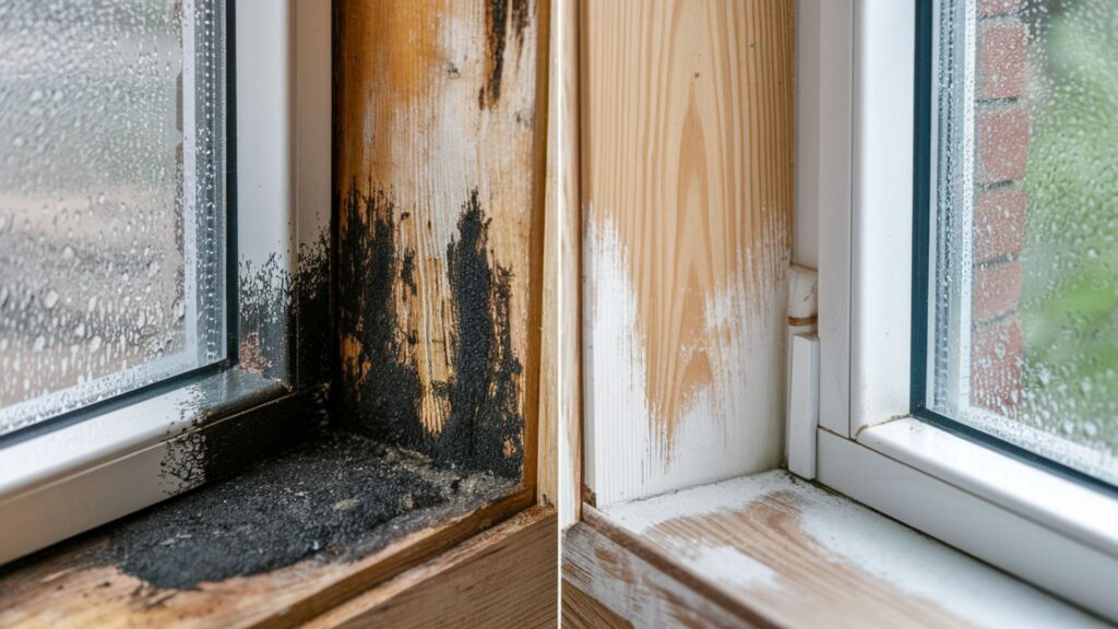 Wooden window frame with black mold compared to restored condition after treatment.