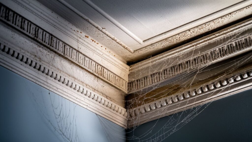 High ceiling corner showing extensive cobweb formation and dust accumulation requiring specialized cleaning.