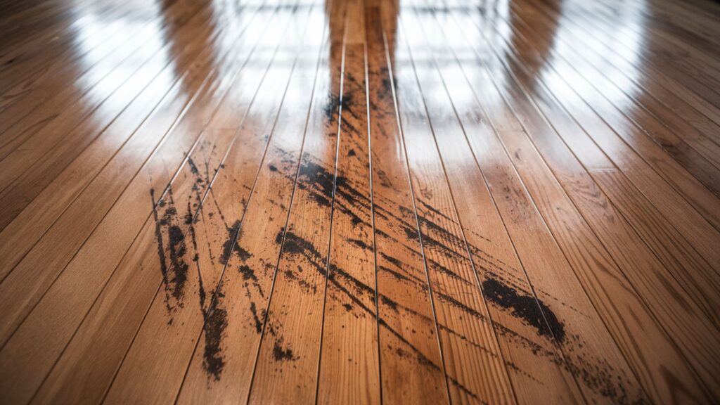 Oak hardwood flooring showing accumulated grime, dulled finish and scuff marks throughout the surface.