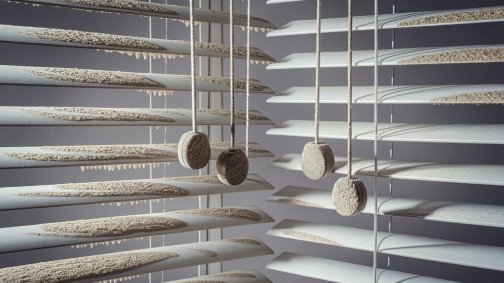 White horizontal blinds with heavy dust buildup on slats, cords and header rail needing thorough cleaning.