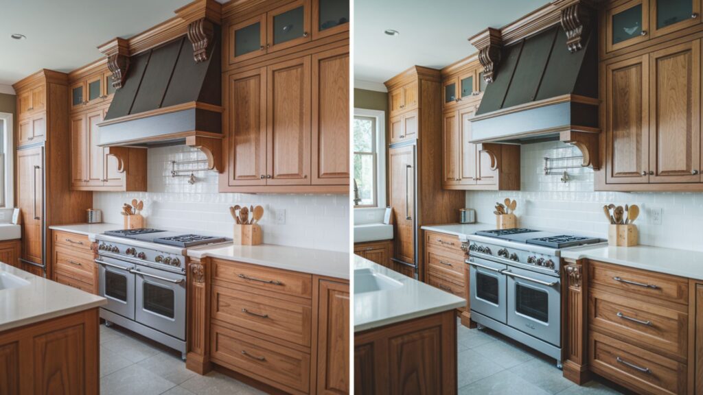 Perfectly cleaned kitchen cabinets showing restored wood grain, spotless hardware and pristine corners.