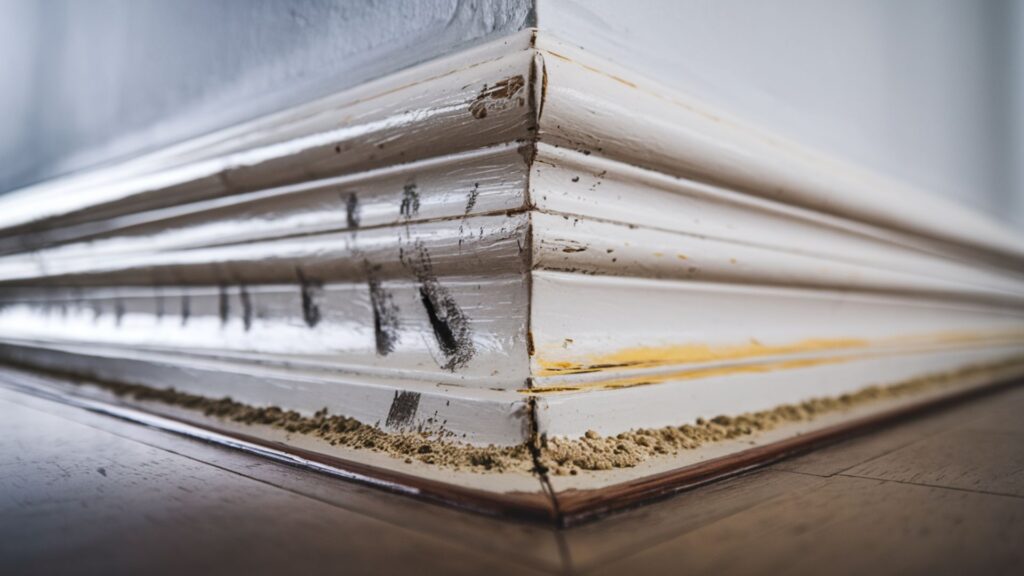 White baseboards showing accumulated dust, scuff marks, yellowing and dirt buildup in corners requiring restoration.
