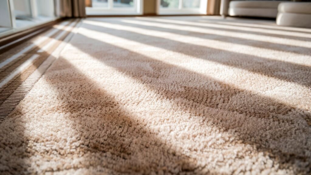 Freshly cleaned living room carpet showing professional restoration with perfect vacuum lines and renewed texture.