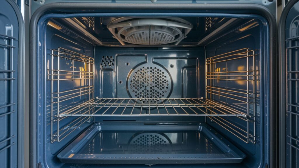Perfectly cleaned inside of oven showing immaculate surfaces, transparent door glass and clean racks.