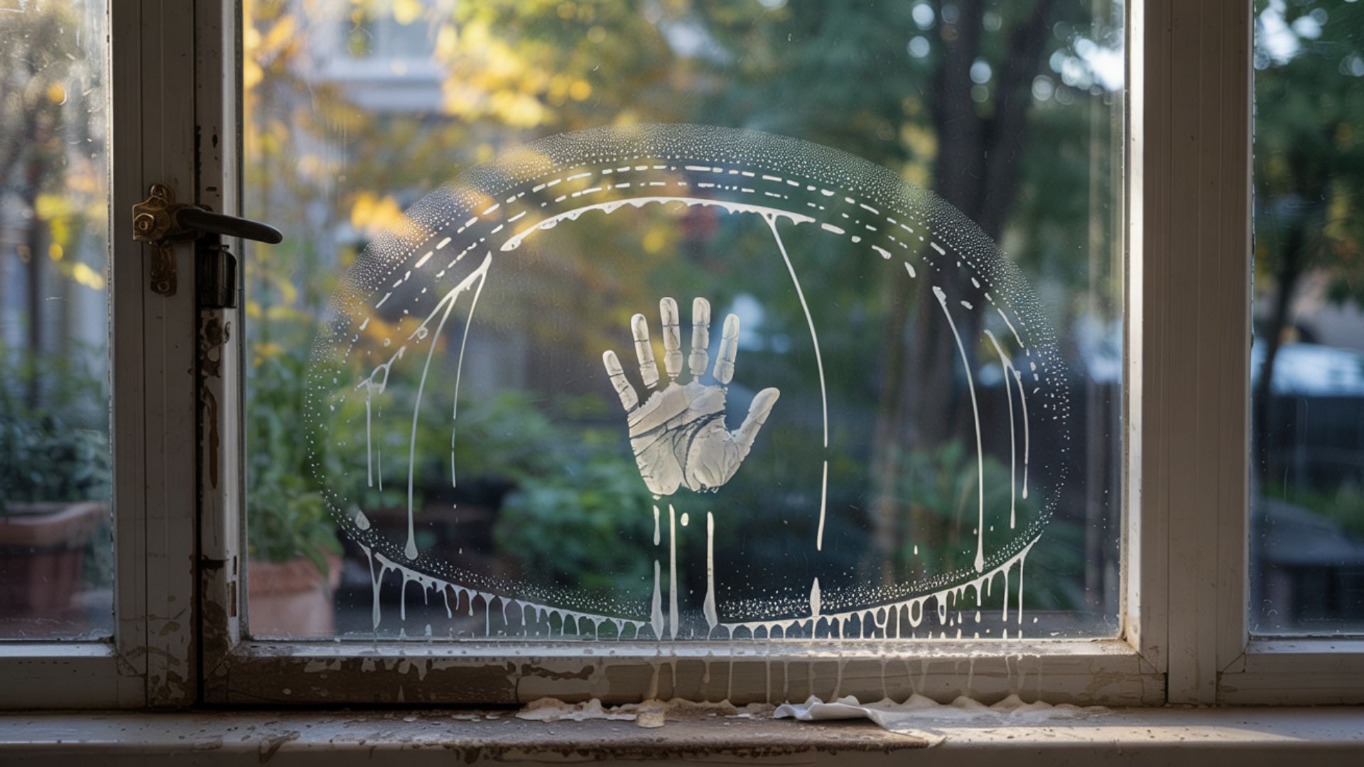 Large interior window showing streaks, fingerprints, dust buildup and hazy appearance requiring professional cleaning.