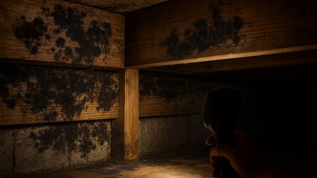 Black mold colonies growing on wooden floor joists in basement crawlspace area