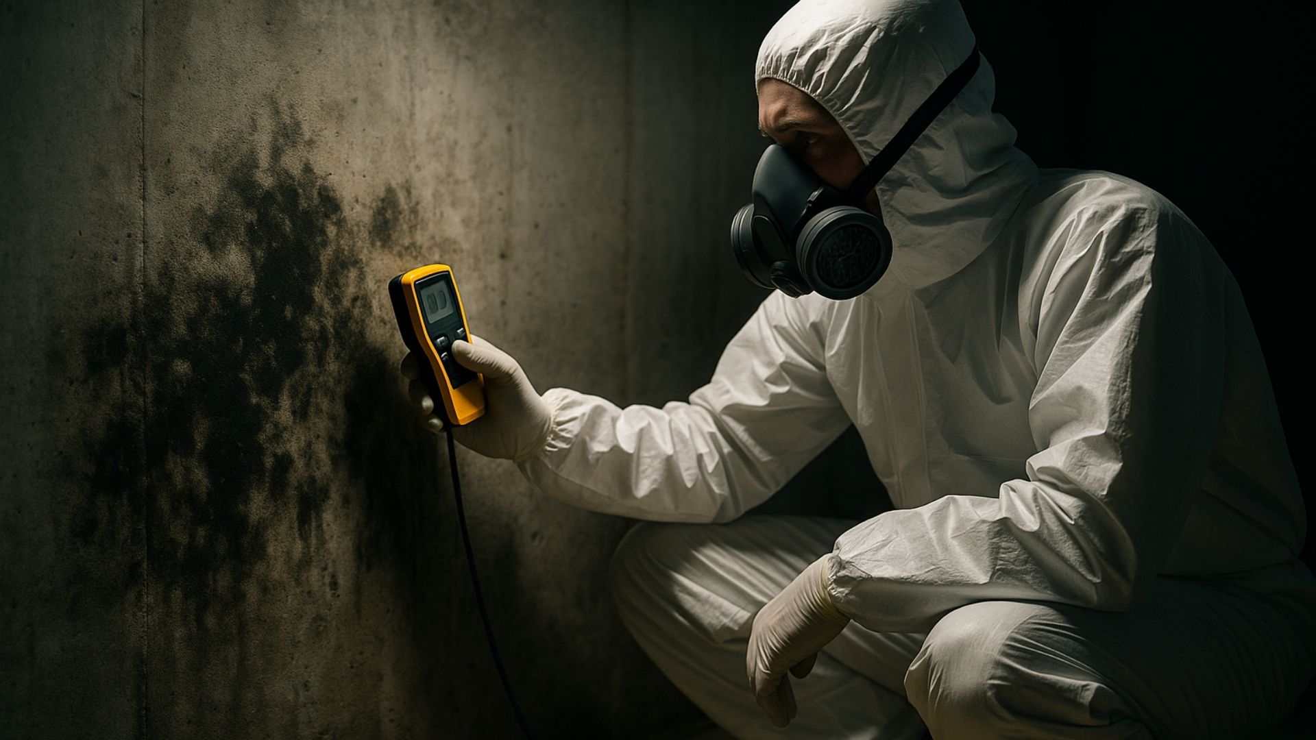 Mold remediation technician in protective gear inspecting basement wall with moisture detection equipment