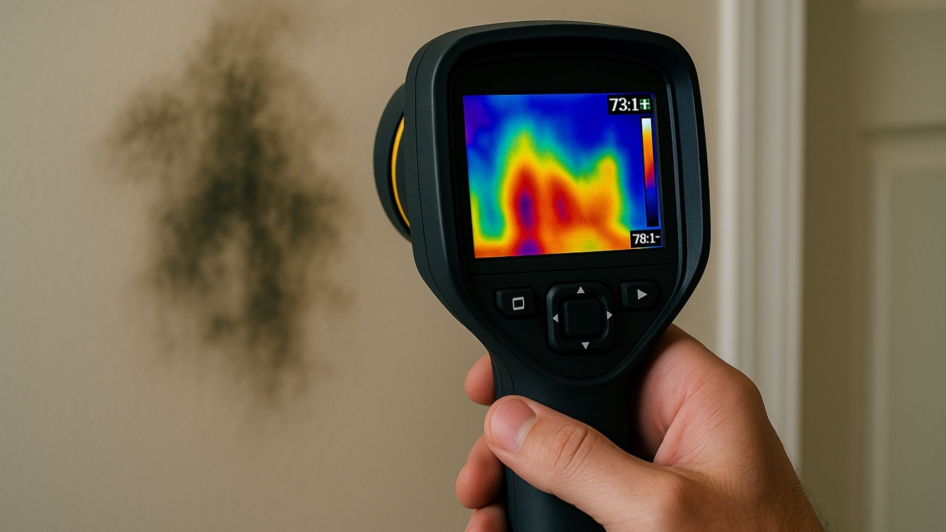 Thermal imaging camera revealing hidden moisture patterns behind wall for mold detection