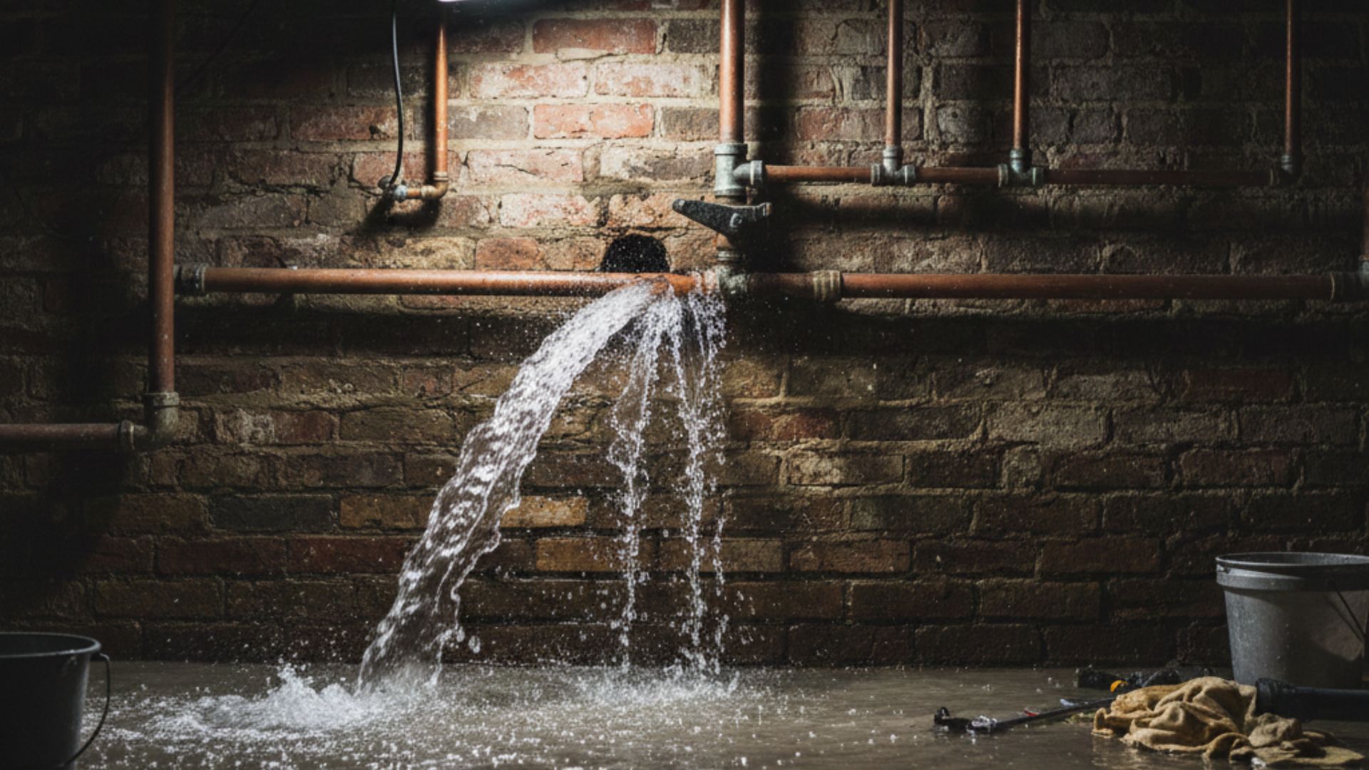 Water spraying from burst copper pipe against brick wall