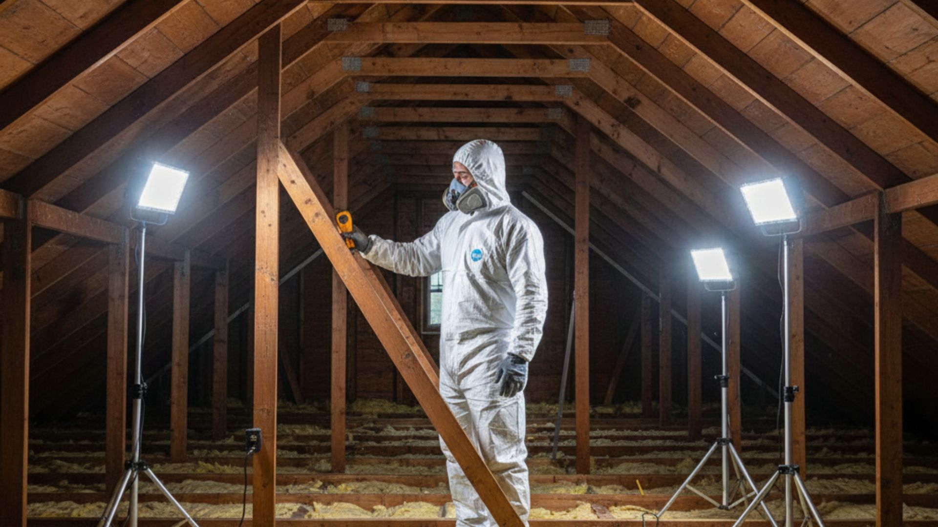 Expert mold removal specialist inspecting attic rafters and insulation in a Princeton NJ home.