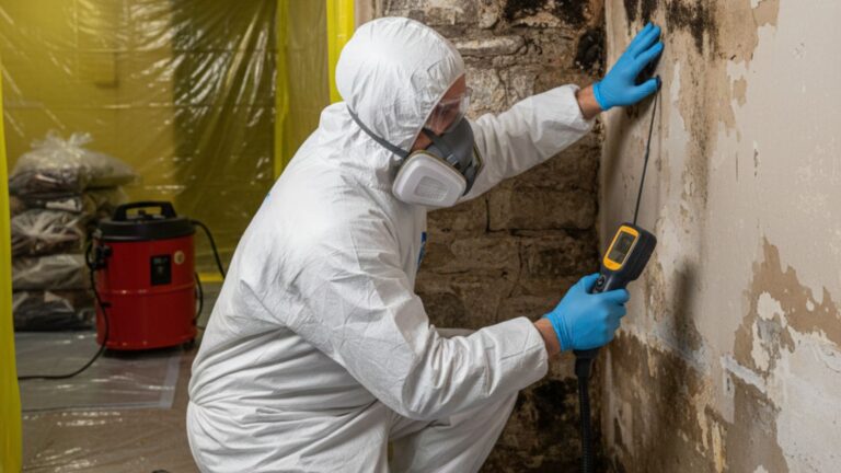 A certified mold remediation specialist in full protective gear using a moisture meter to inspect black mold growth on a Princeton basement foundation wall.